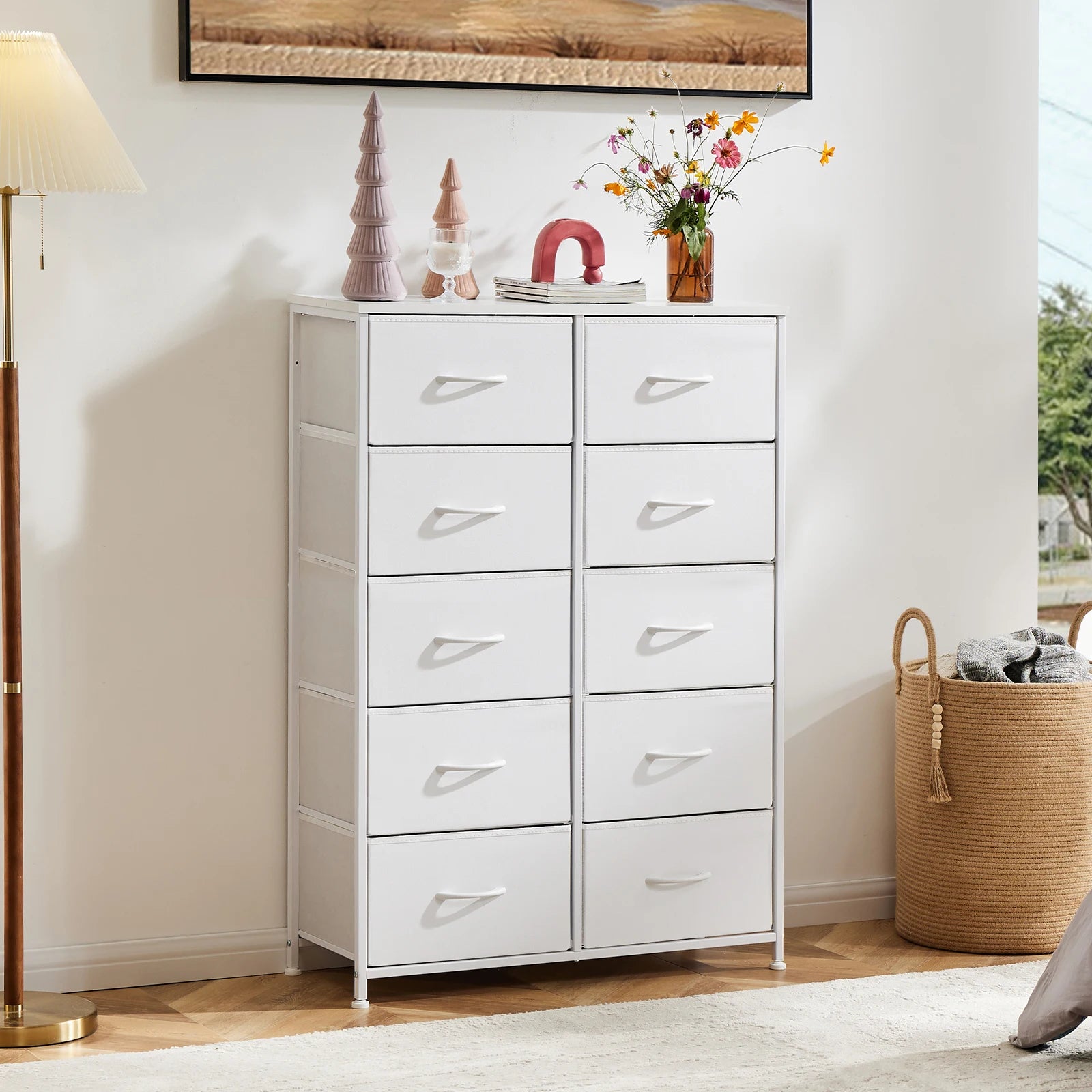 Bedside Table for Bedroom with 10 Fabric Drawers Nightstand Storage Cabinet with Steel Frame Clothes Storage Display Cabinet