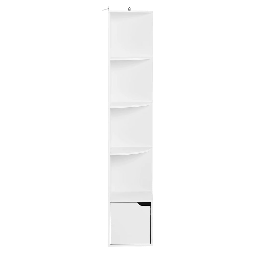 5 Tier Bookcase Standing Corner Shelf Storage White Bookshelf 1 Cupboard with Door for Study Bedroom Living Room Office