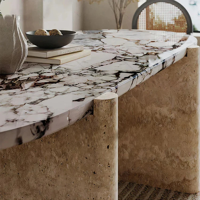 Natural Stone Dining Room Furniture Luxury Restaurant Calacatta Viola Marble Table Tops Travertine Leg Dining Table