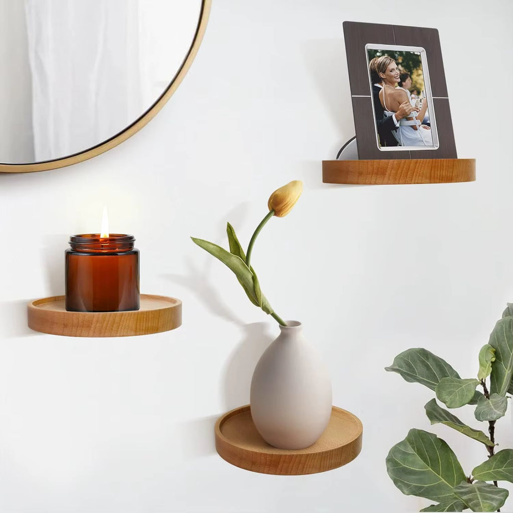 3/6Pcs Wooden Wall Mounted Display Shelf Oak Wood round Wall Shelves Floating Plant Flower Pot Tray Racks for Home Decoration