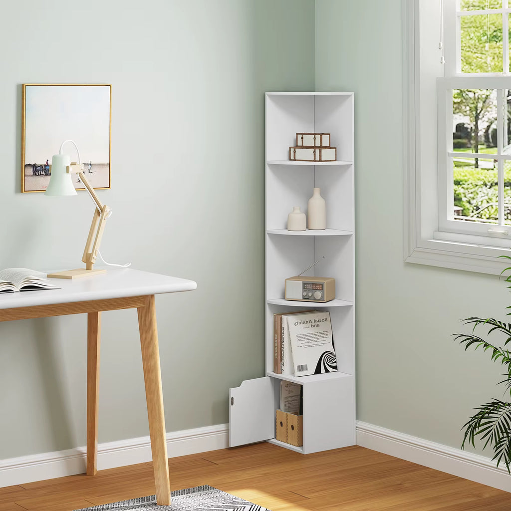 5 Tier Bookcase Standing Corner Shelf Storage White Bookshelf 1 Cupboard with Door for Study Bedroom Living Room Office