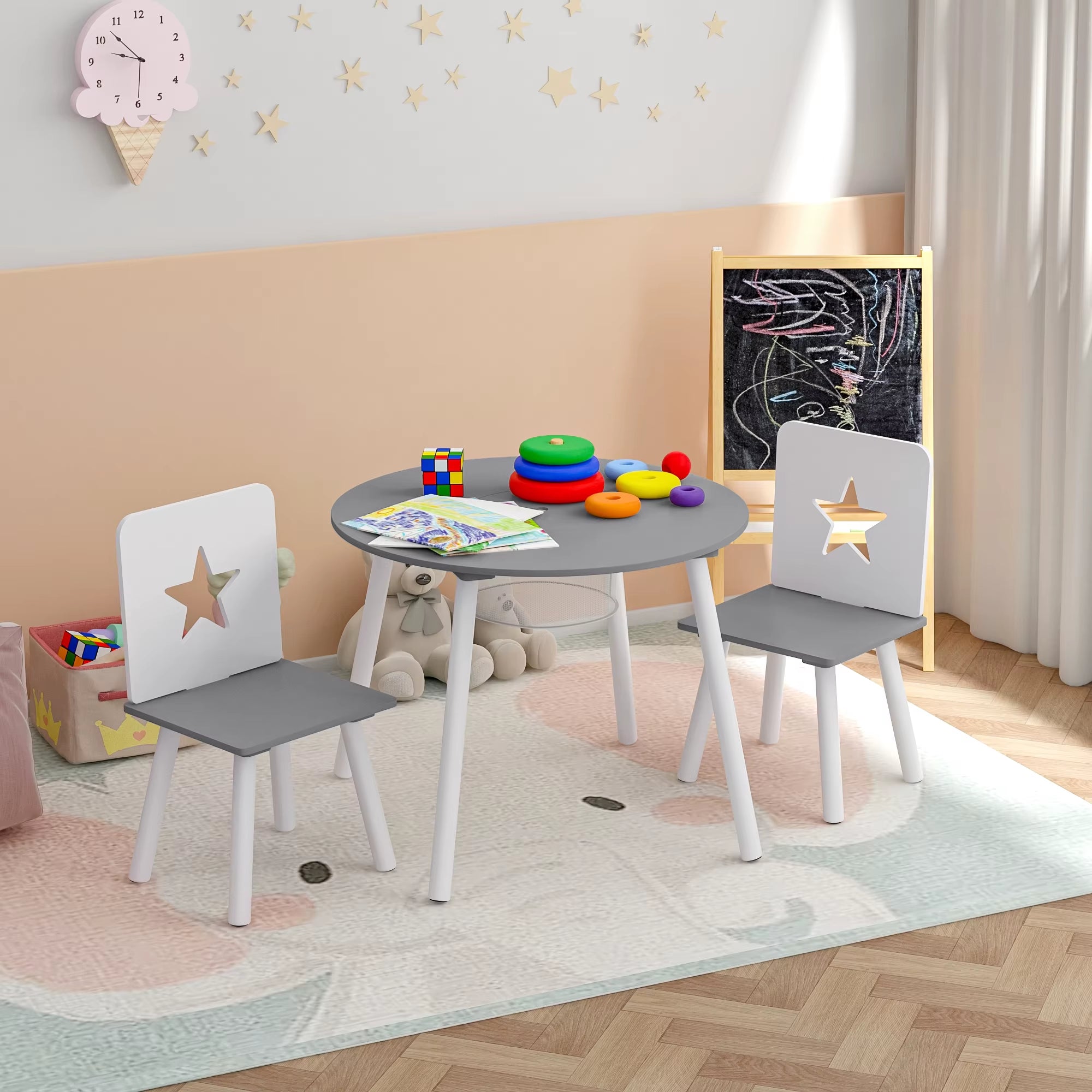 Children Furniture Set 1 Table 2 Chairs round Table with Storage Space Gray White Kindergarten Baby Toy Table with Chair