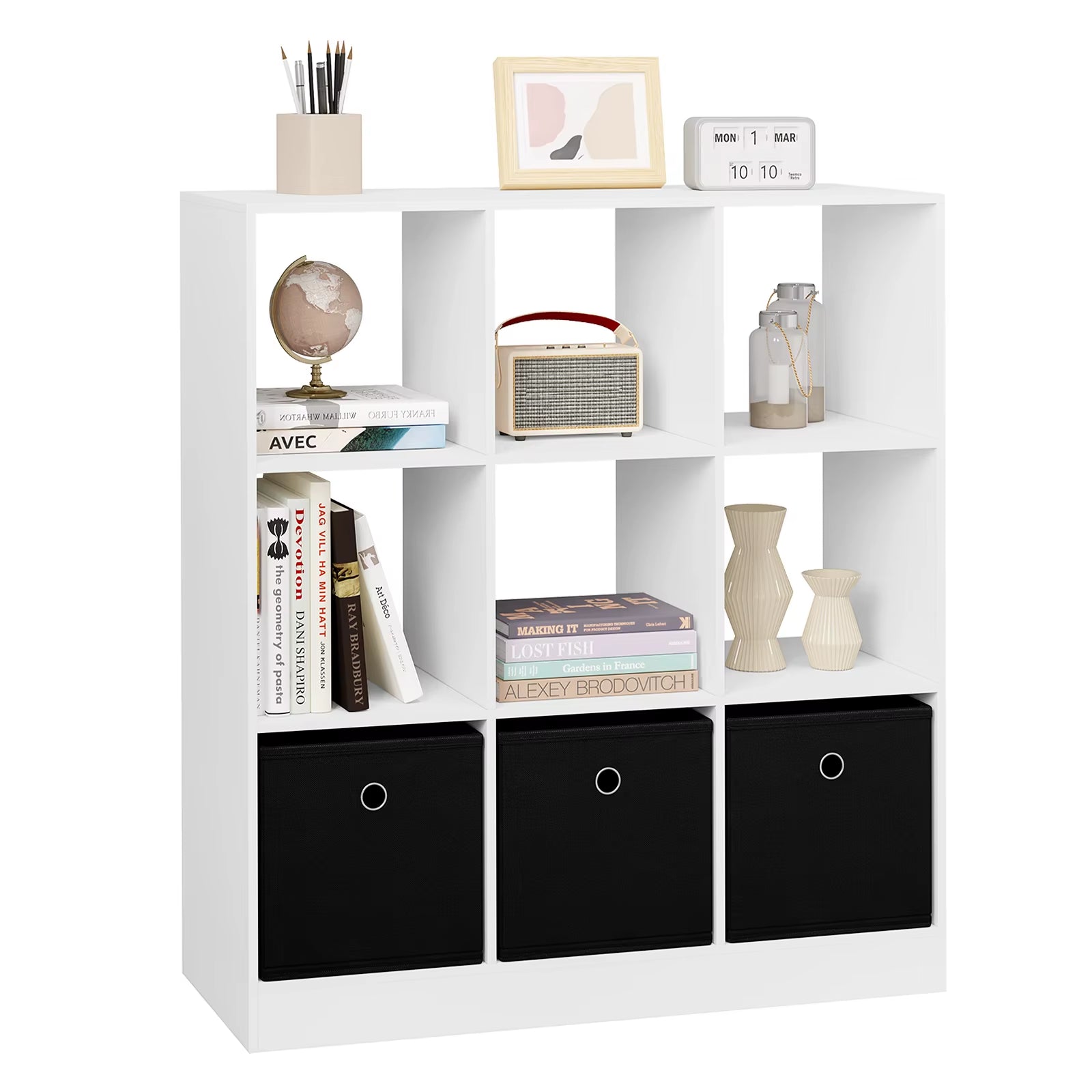 Bookcase Storage Shelf Unit Cube with 9 Lockers 3 Fabric Drawers Bookshelf for Living Room Office Children'S Room