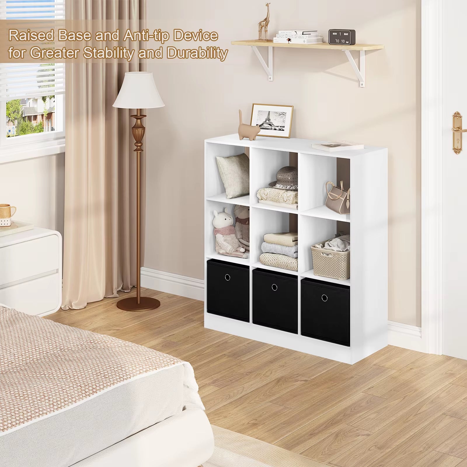 Bookcase Storage Shelf Unit Cube with 9 Lockers 3 Fabric Drawers Bookshelf for Living Room Office Children'S Room