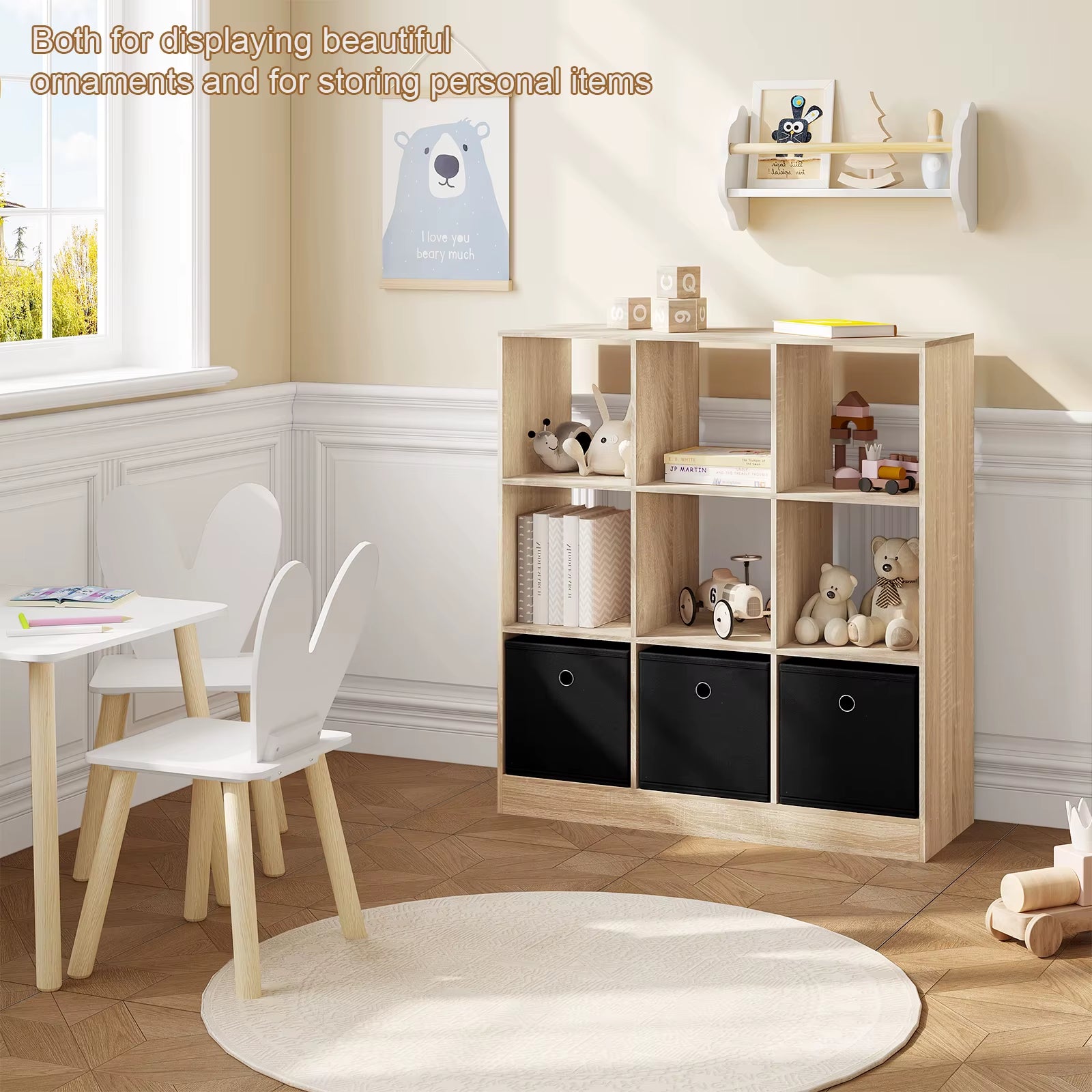 Bookcase Storage Shelf Unit Cube with 9 Lockers 3 Fabric Drawers Bookshelf for Living Room Office Children'S Room