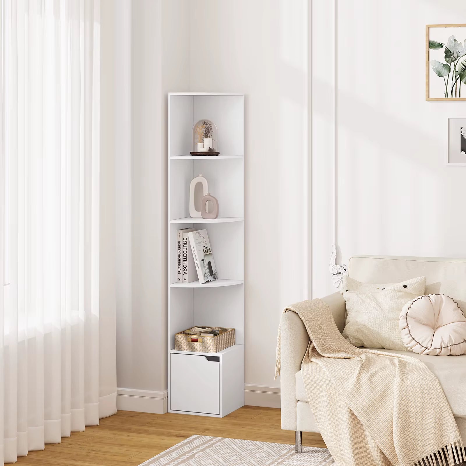 5 Tier Bookcase Standing Corner Shelf Storage White Bookshelf 1 Cupboard with Door for Study Bedroom Living Room Office