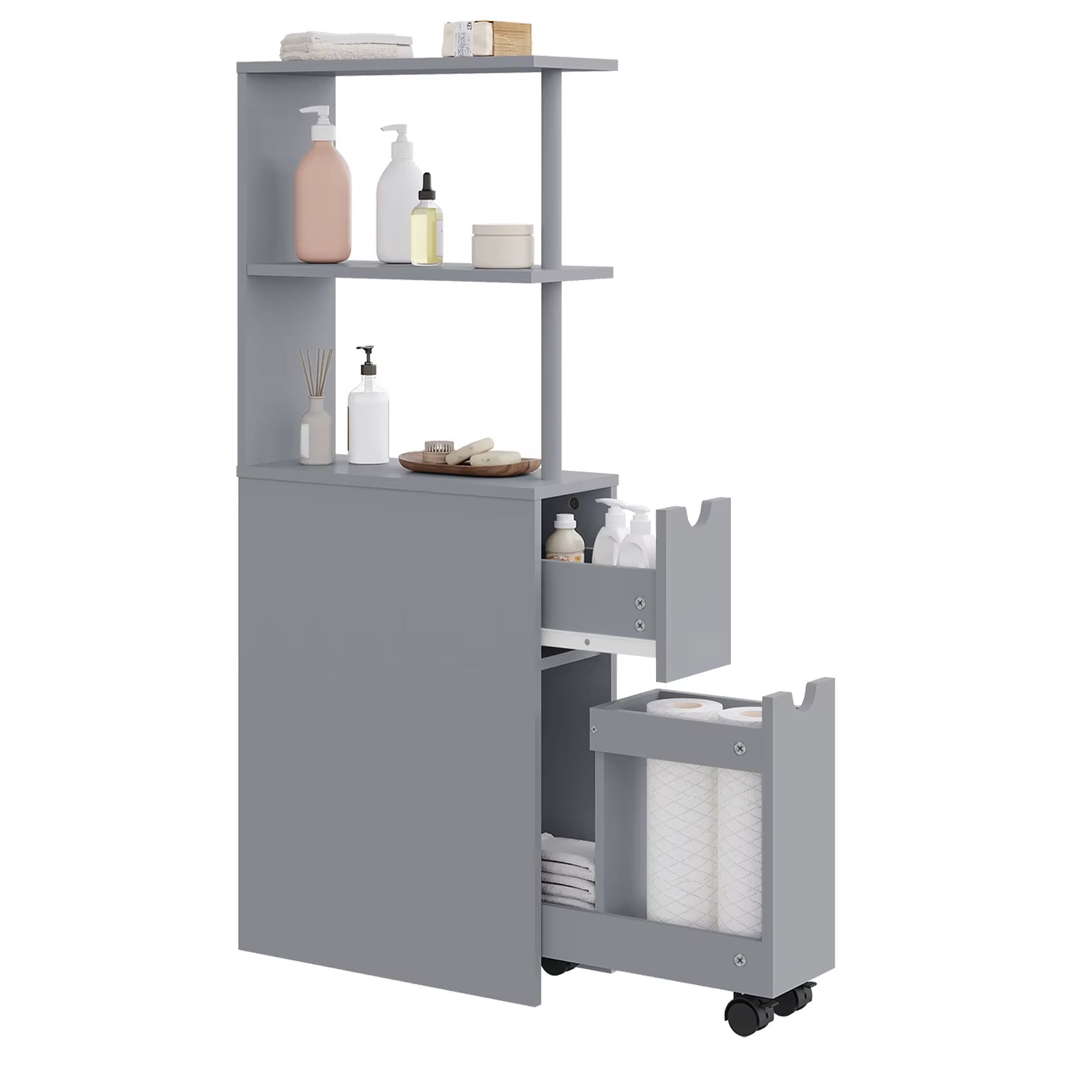 White Bathroom Niche Cabinet with Drawer Wheels Narrow Side Cabinet Multi-Purpose Tall Freestanding Storage Cabinet for Kitchen