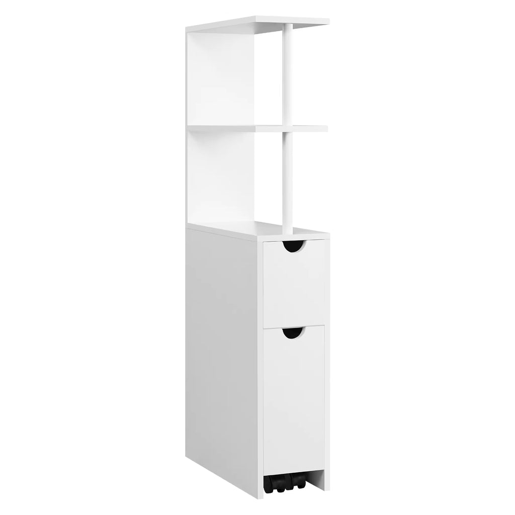 White Bathroom Niche Cabinet with Drawer Wheels Narrow Side Cabinet Multi-Purpose Tall Freestanding Storage Cabinet for Kitchen