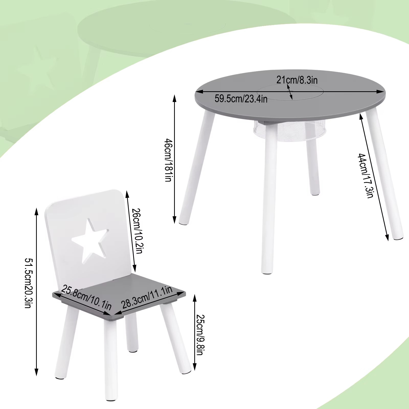 Children Furniture Set 1 Table 2 Chairs round Table with Storage Space Gray White Kindergarten Baby Toy Table with Chair