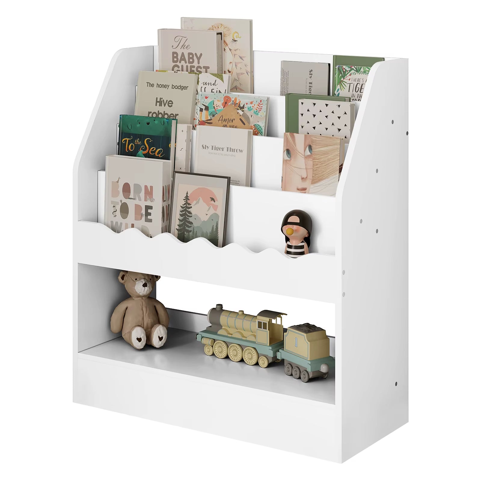 White Children'S Bookcase with 5 Compartments Cartoon Book Toy Montessori Storage Shelf for Kindergarten Kid'S Room