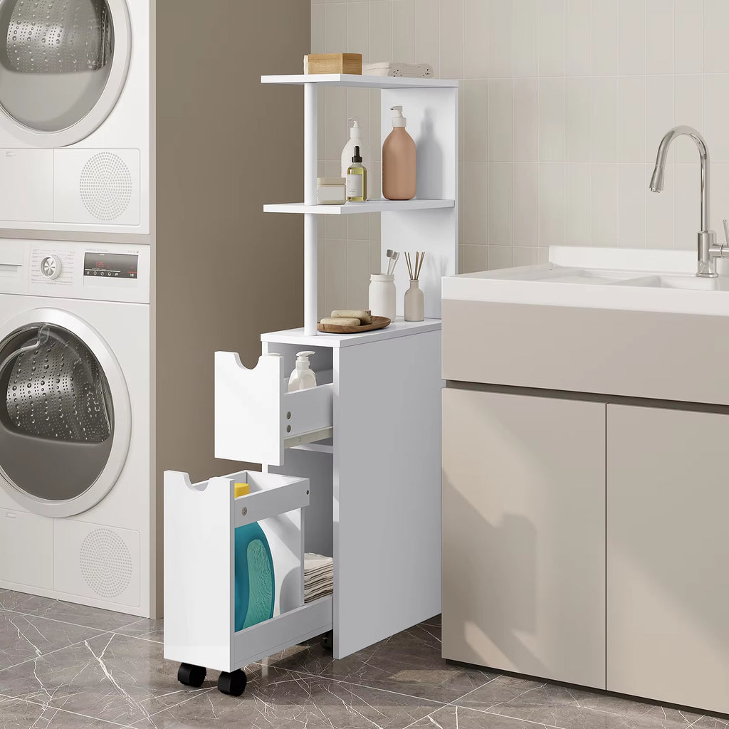 White Bathroom Niche Cabinet with Drawer Wheels Narrow Side Cabinet Multi-Purpose Tall Freestanding Storage Cabinet for Kitchen