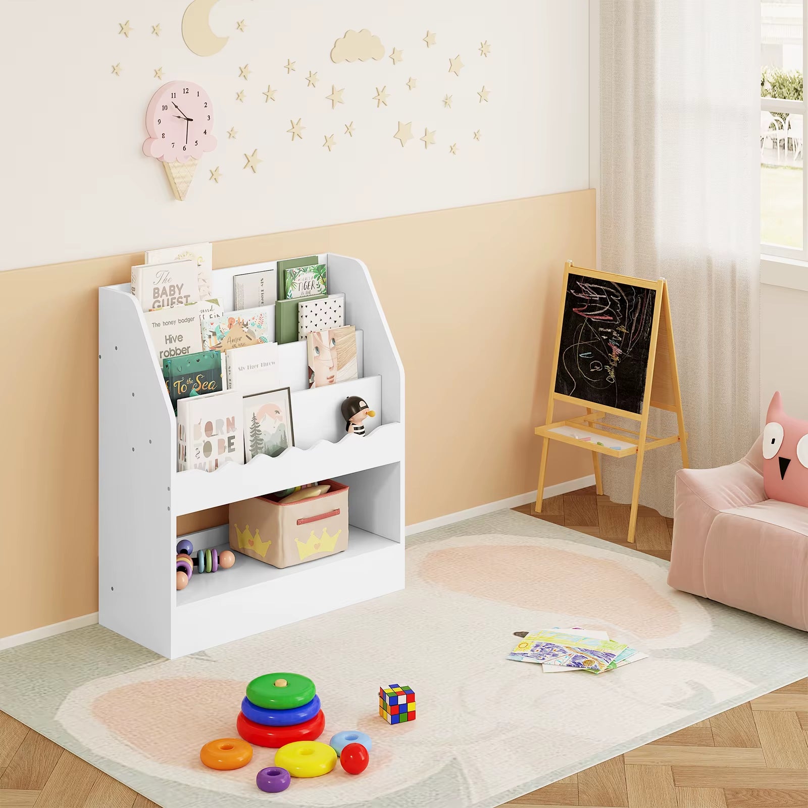 White Children'S Bookcase with 5 Compartments Cartoon Book Toy Montessori Storage Shelf for Kindergarten Kid'S Room