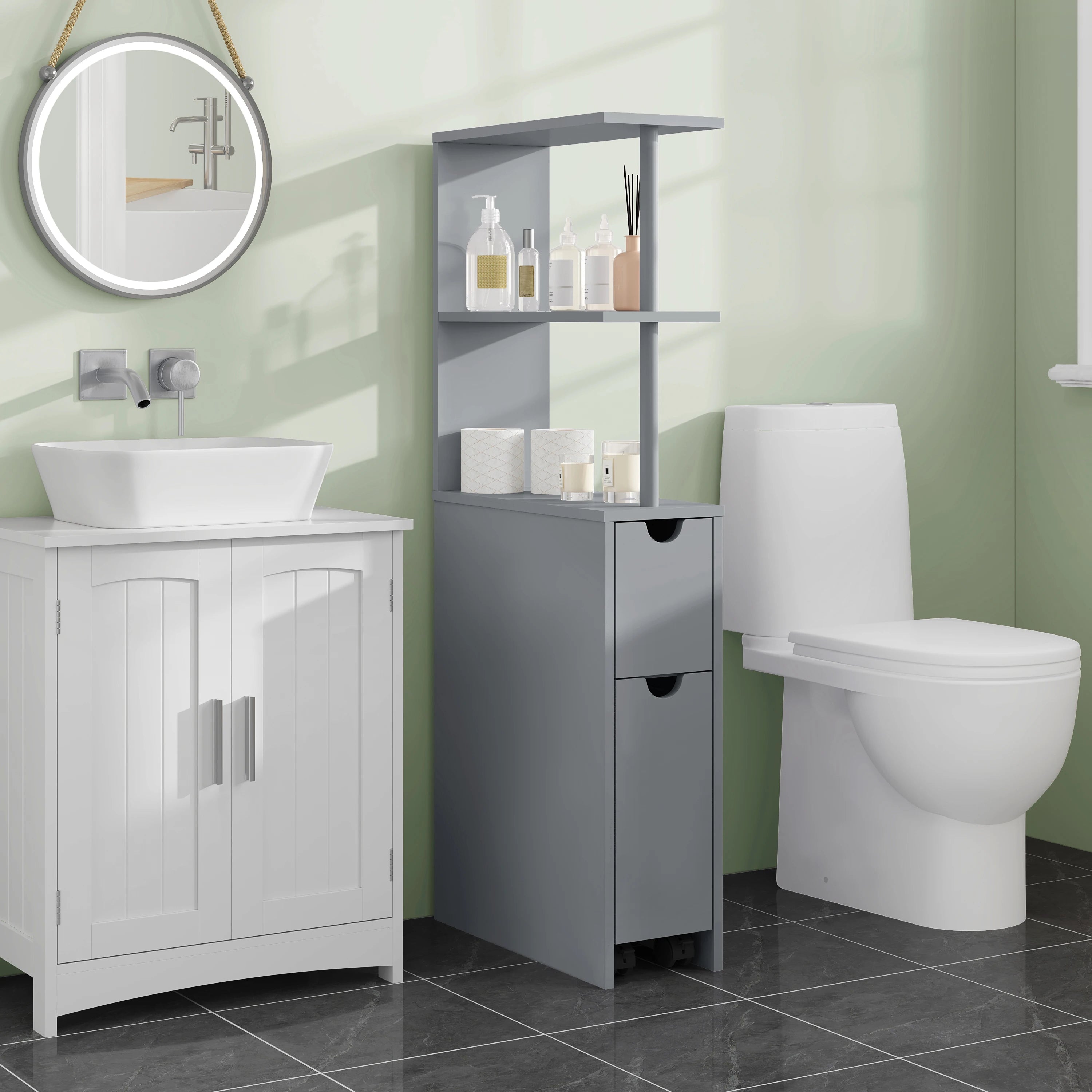 White Bathroom Niche Cabinet with Drawer Wheels Narrow Side Cabinet Multi-Purpose Tall Freestanding Storage Cabinet for Kitchen