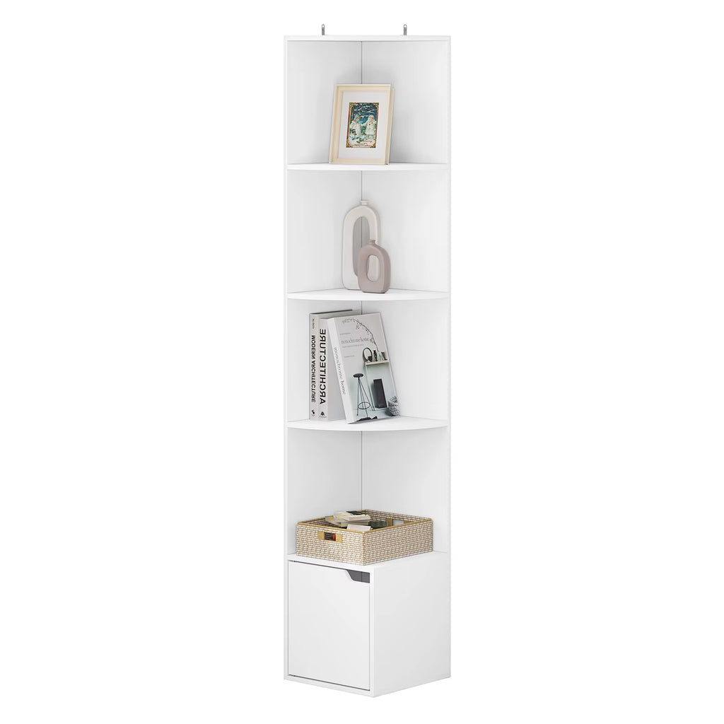 5 Tier Bookcase Standing Corner Shelf Storage White Bookshelf 1 Cupboard with Door for Study Bedroom Living Room Office