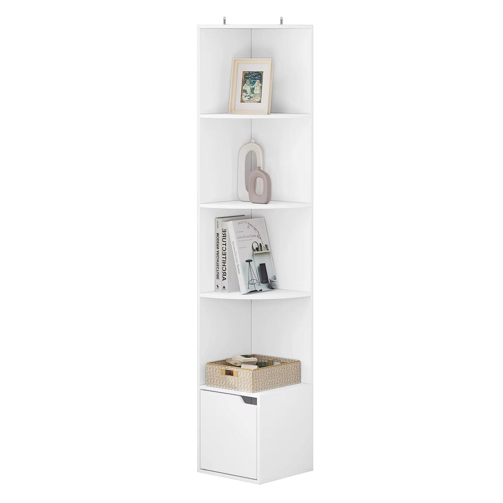 5 Tier Bookcase Standing Corner Shelf Storage White Bookshelf 1 Cupboard with Door for Study Bedroom Living Room Office