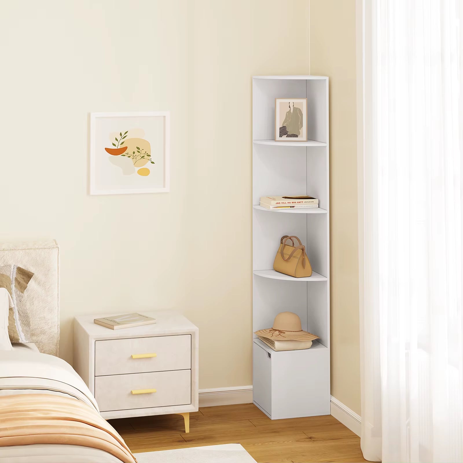 5 Tier Bookcase Standing Corner Shelf Storage White Bookshelf 1 Cupboard with Door for Study Bedroom Living Room Office