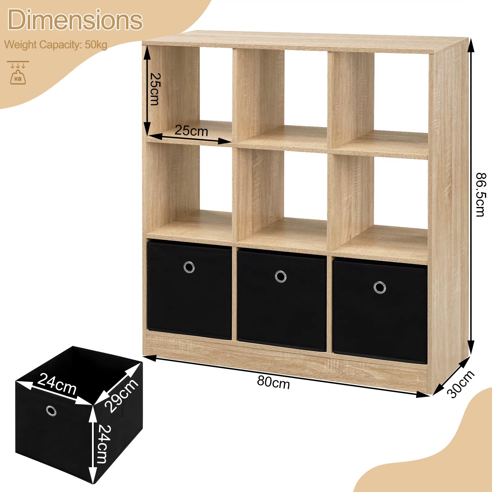 Bookcase Storage Shelf Unit Cube with 9 Lockers 3 Fabric Drawers Bookshelf for Living Room Office Children'S Room