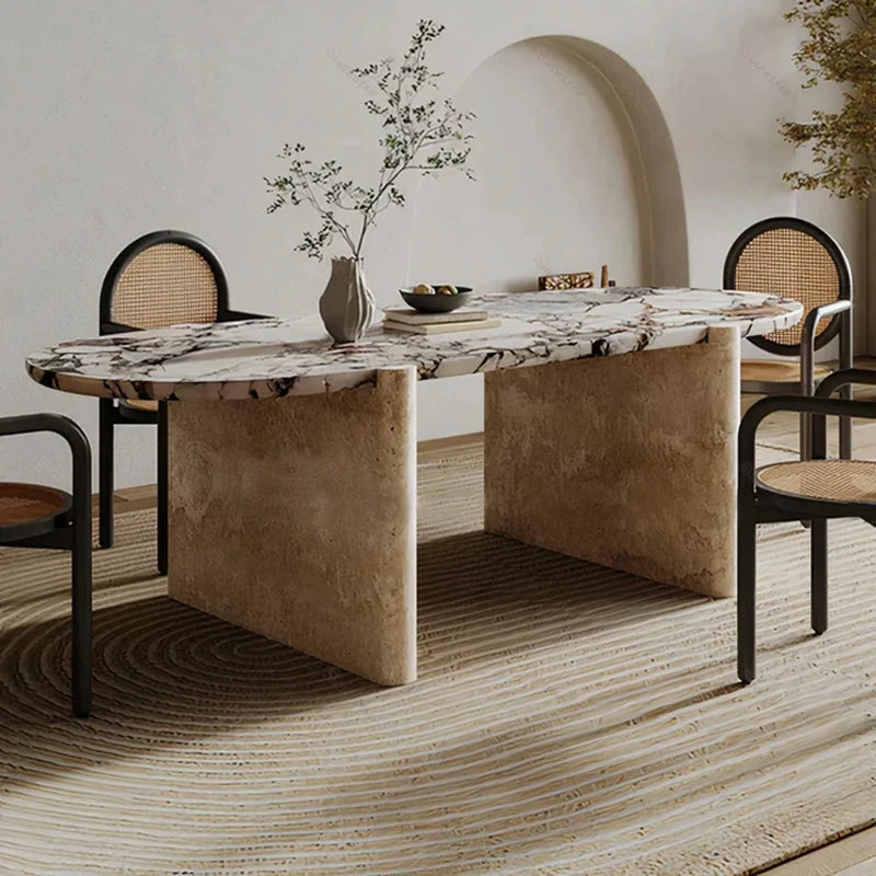 Natural Stone Dining Room Furniture Luxury Restaurant Calacatta Viola Marble Table Tops Travertine Leg Dining Table