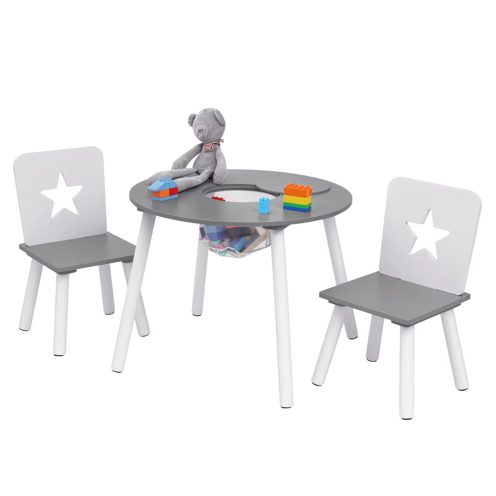 Children Furniture Set 1 Table 2 Chairs round Table with Storage Space Gray White Kindergarten Baby Toy Table with Chair
