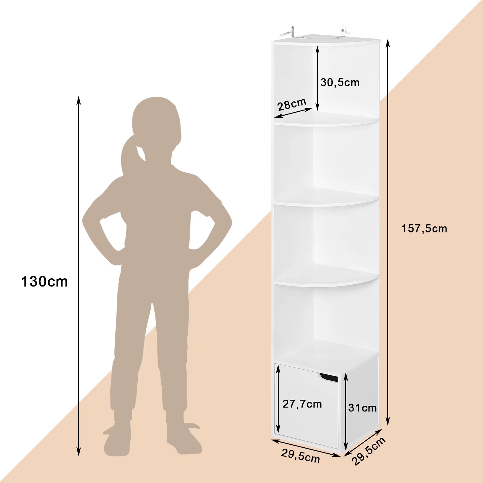 5 Tier Bookcase Standing Corner Shelf Storage White Bookshelf 1 Cupboard with Door for Study Bedroom Living Room Office